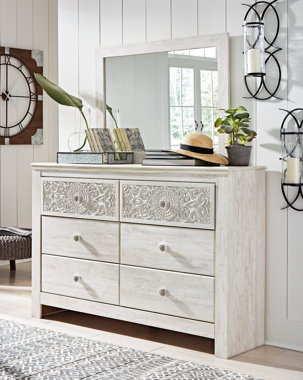 Paxberry King Panel Bed with Mirrored Dresser, Chest and 2 Nightstands at Walker Mattress and Furniture Locations in Cedar Park and Belton TX.