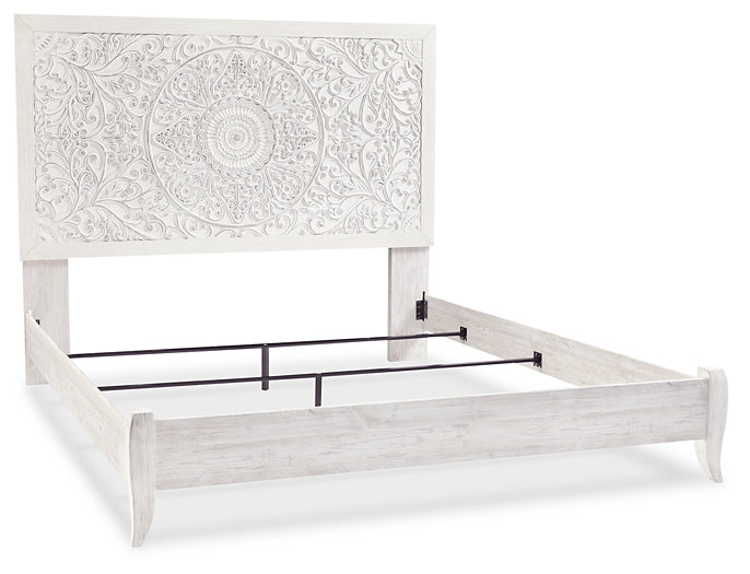 Paxberry King Panel Bed with Mirrored Dresser, Chest and 2 Nightstands at Walker Mattress and Furniture Locations in Cedar Park and Belton TX.