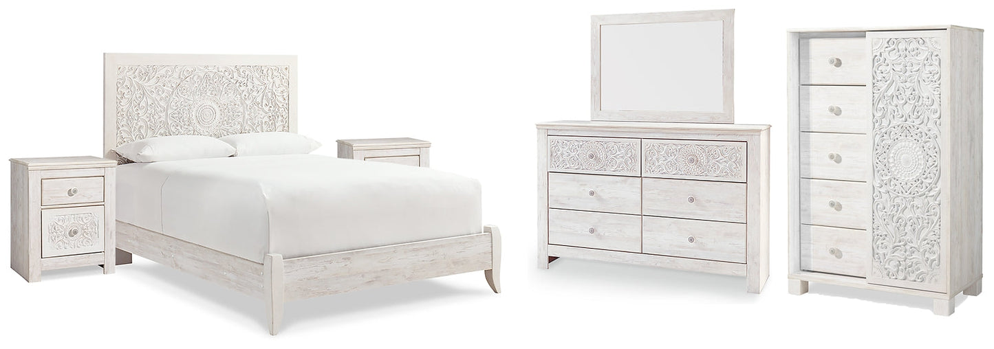 Paxberry Queen Panel Bed with Mirrored Dresser, Chest and 2 Nightstands at Walker Mattress and Furniture Locations in Cedar Park and Belton TX.