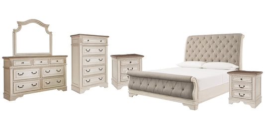 Realyn California King Sleigh Bed with Mirrored Dresser, Chest and 2 Nightstands at Walker Mattress and Furniture Locations in Cedar Park and Belton TX.