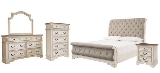 Realyn California King Sleigh Bed with Mirrored Dresser, Chest and Nightstand at Walker Mattress and Furniture Locations in Cedar Park and Belton TX.