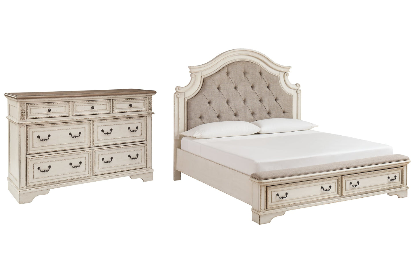 Realyn California King Upholstered Bed with Dresser at Walker Mattress and Furniture Locations in Cedar Park and Belton TX.