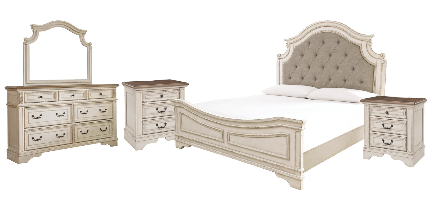 Realyn California King Upholstered Panel Bed with Mirrored Dresser and 2 Nightstands at Walker Mattress and Furniture Locations in Cedar Park and Belton TX.