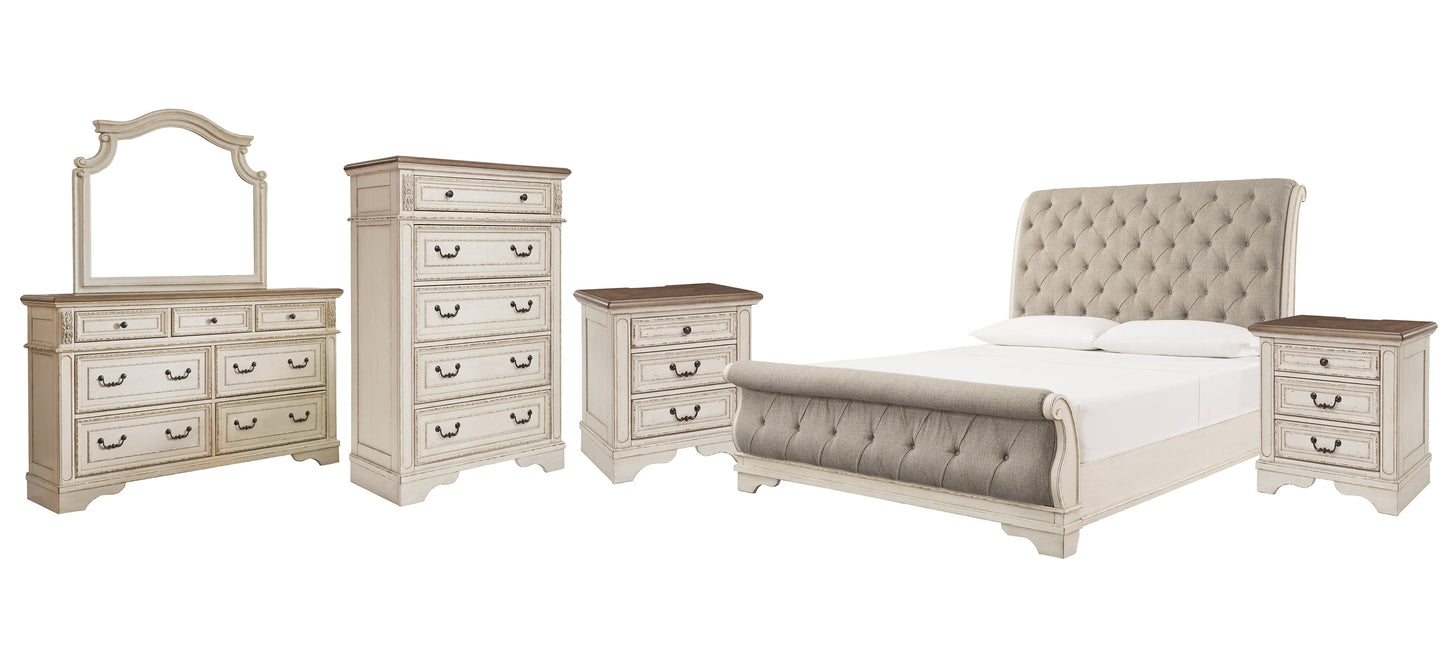 Realyn King Sleigh Bed with Mirrored Dresser, Chest and 2 Nightstands at Walker Mattress and Furniture Locations in Cedar Park and Belton TX.