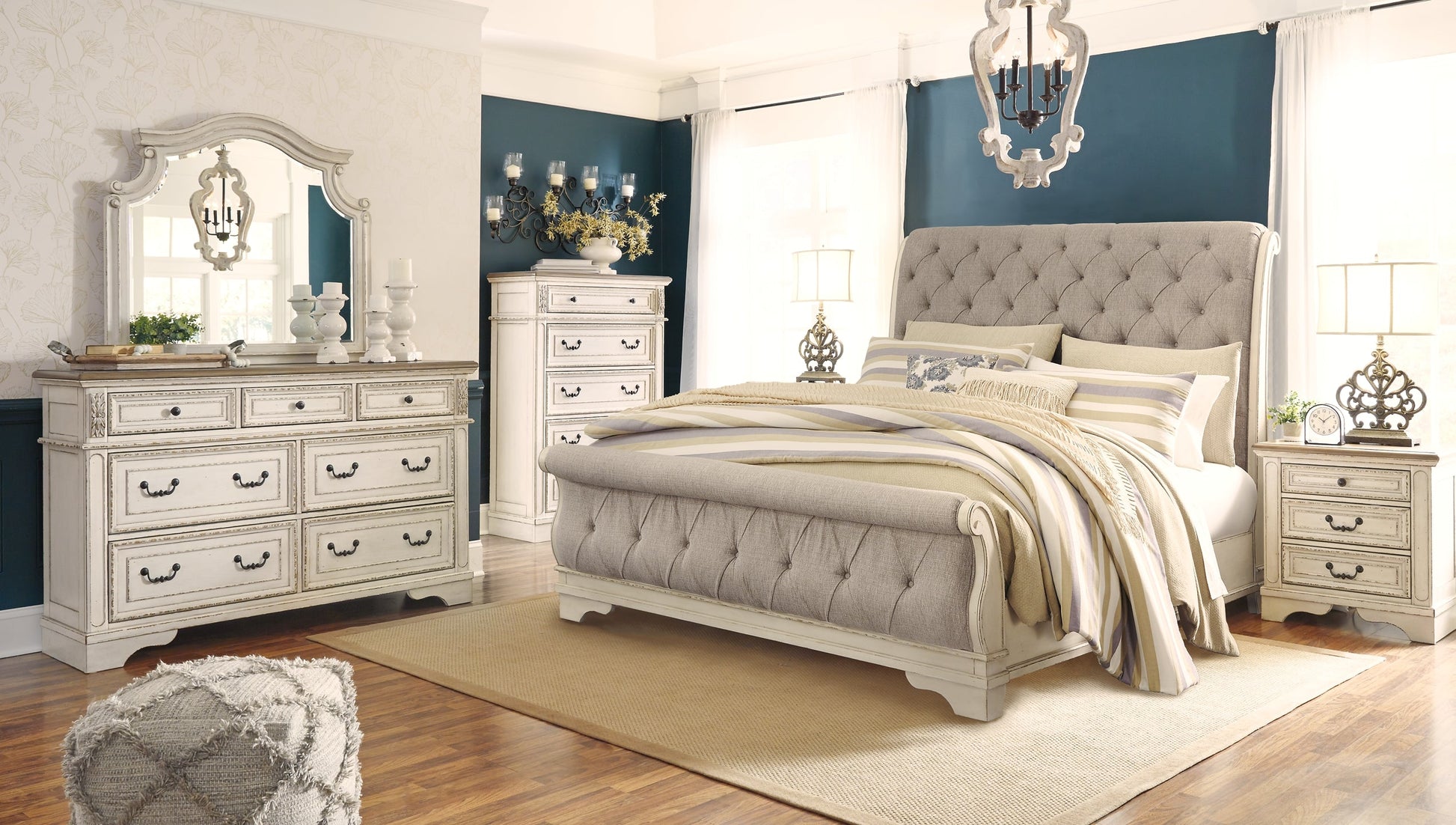 Realyn King Sleigh Bed with Mirrored Dresser, Chest and Nightstand at Walker Mattress and Furniture Locations in Cedar Park and Belton TX.