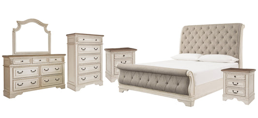 Realyn Queen Sleigh Bed with Mirrored Dresser, Chest and 2 Nightstands at Walker Mattress and Furniture Locations in Cedar Park and Belton TX.