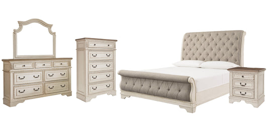 Realyn Queen Sleigh Bed with Mirrored Dresser, Chest and Nightstand at Walker Mattress and Furniture Locations in Cedar Park and Belton TX.
