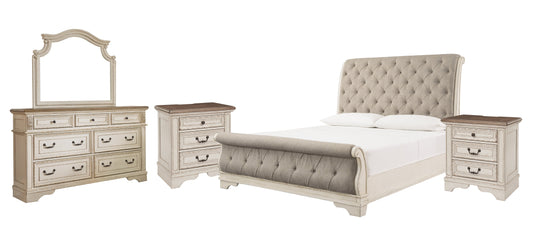 Realyn Queen Sleigh Bed with Mirrored Dresser and 2 Nightstands at Walker Mattress and Furniture Locations in Cedar Park and Belton TX.