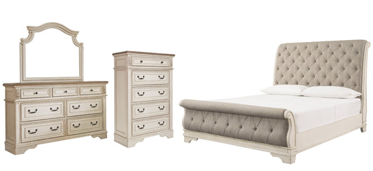 Realyn Queen Sleigh Bed with Mirrored Dresser and 2 Nightstands at Walker Mattress and Furniture Locations in Cedar Park and Belton TX.
