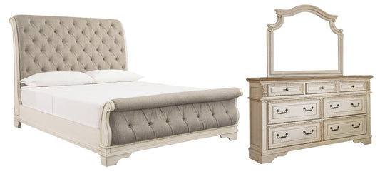 Realyn Queen Sleigh Bed with Mirrored Dresser at Walker Mattress and Furniture Locations in Cedar Park and Belton TX.