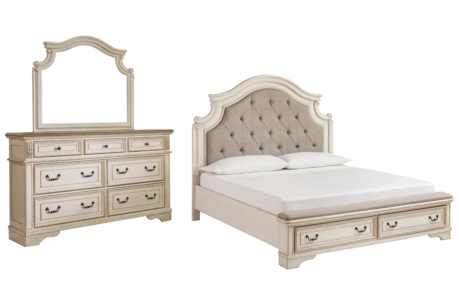 Realyn Queen Upholstered Bed with Mirrored Dresser at Walker Mattress and Furniture Locations in Cedar Park and Belton TX.