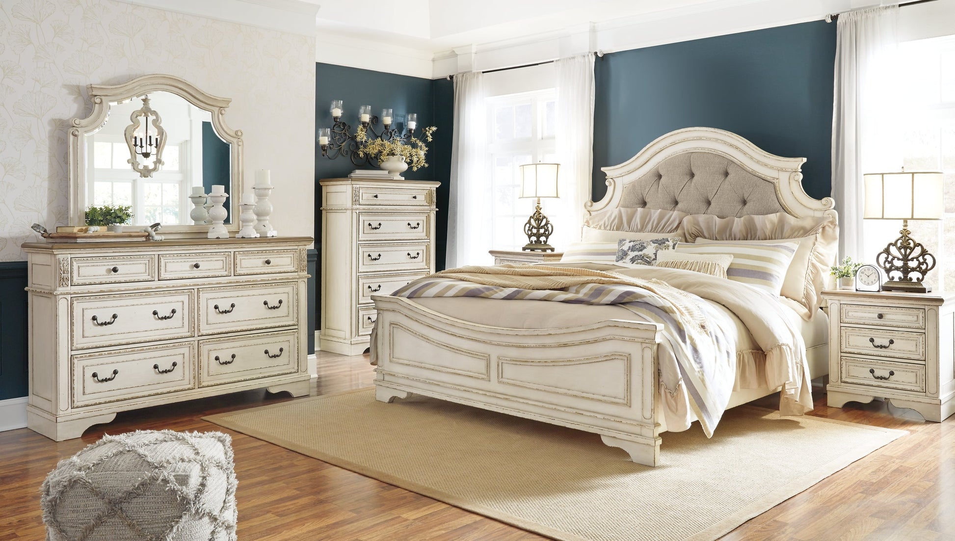 Realyn Queen Upholstered Panel Bed with Mirrored Dresser, Chest and 2 Nightstands at Walker Mattress and Furniture Locations in Cedar Park and Belton TX.