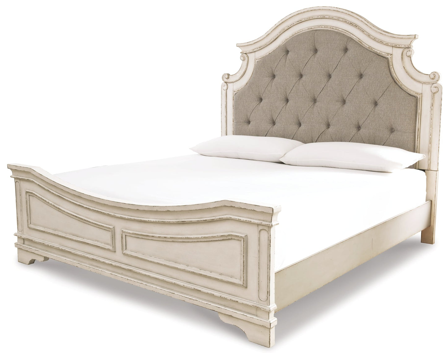 Realyn Queen Upholstered Panel Bed with Mirrored Dresser, Chest and Nightstand at Walker Mattress and Furniture Locations in Cedar Park and Belton TX.