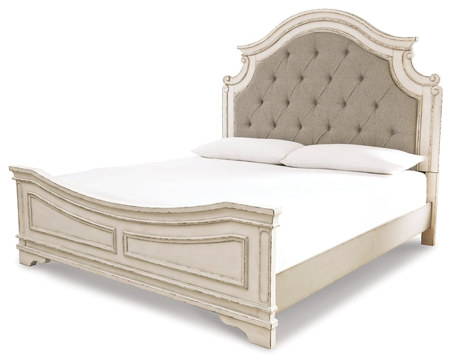 Realyn Queen Upholstered Panel Bed with Mirrored Dresser and 2 Nightstands at Walker Mattress and Furniture Locations in Cedar Park and Belton TX.