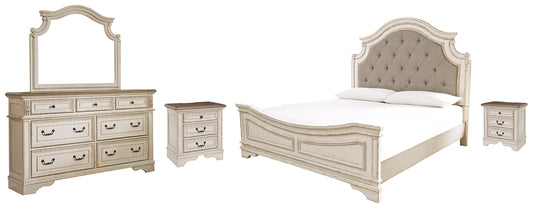 Realyn Queen Upholstered Panel Bed with Mirrored Dresser and 2 Nightstands at Walker Mattress and Furniture Locations in Cedar Park and Belton TX.