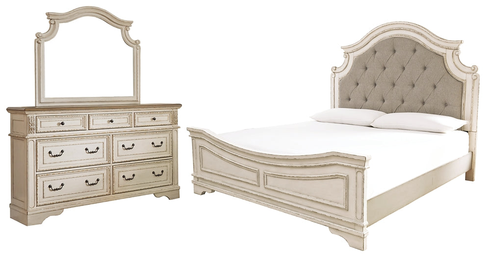 Realyn Queen Upholstered Panel Bed with Mirrored Dresser at Walker Mattress and Furniture Locations in Cedar Park and Belton TX.