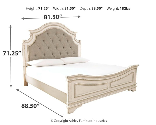 Realyn Queen Upholstered Panel Bed with Mirrored Dresser at Walker Mattress and Furniture Locations in Cedar Park and Belton TX.