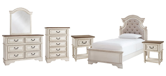 Realyn Twin Panel Bed with Mirrored Dresser, Chest and 2 Nightstands at Walker Mattress and Furniture Locations in Cedar Park and Belton TX.