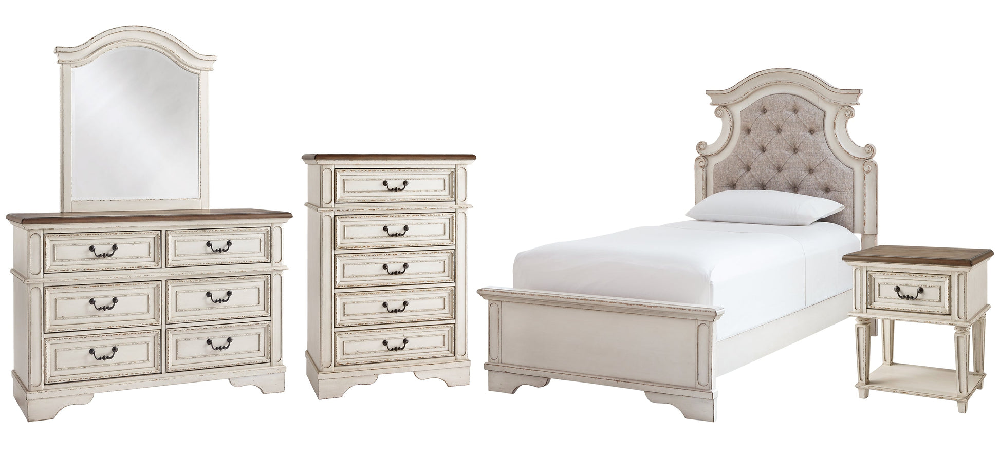 Realyn Twin Panel Bed with Mirrored Dresser, Chest and Nightstand at Walker Mattress and Furniture Locations in Cedar Park and Belton TX.