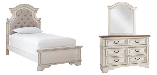 Realyn Twin Panel Bed with Mirrored Dresser at Walker Mattress and Furniture Locations in Cedar Park and Belton TX.