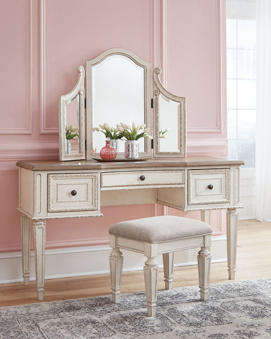 Realyn Vanity/Mirror/Stool (3/CN) at Walker Mattress and Furniture Locations in Cedar Park and Belton TX.