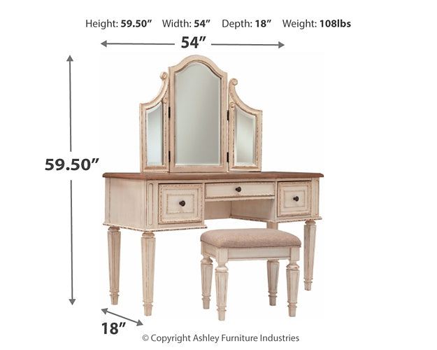 Realyn Vanity/Mirror/Stool (3/CN) at Walker Mattress and Furniture Locations in Cedar Park and Belton TX.