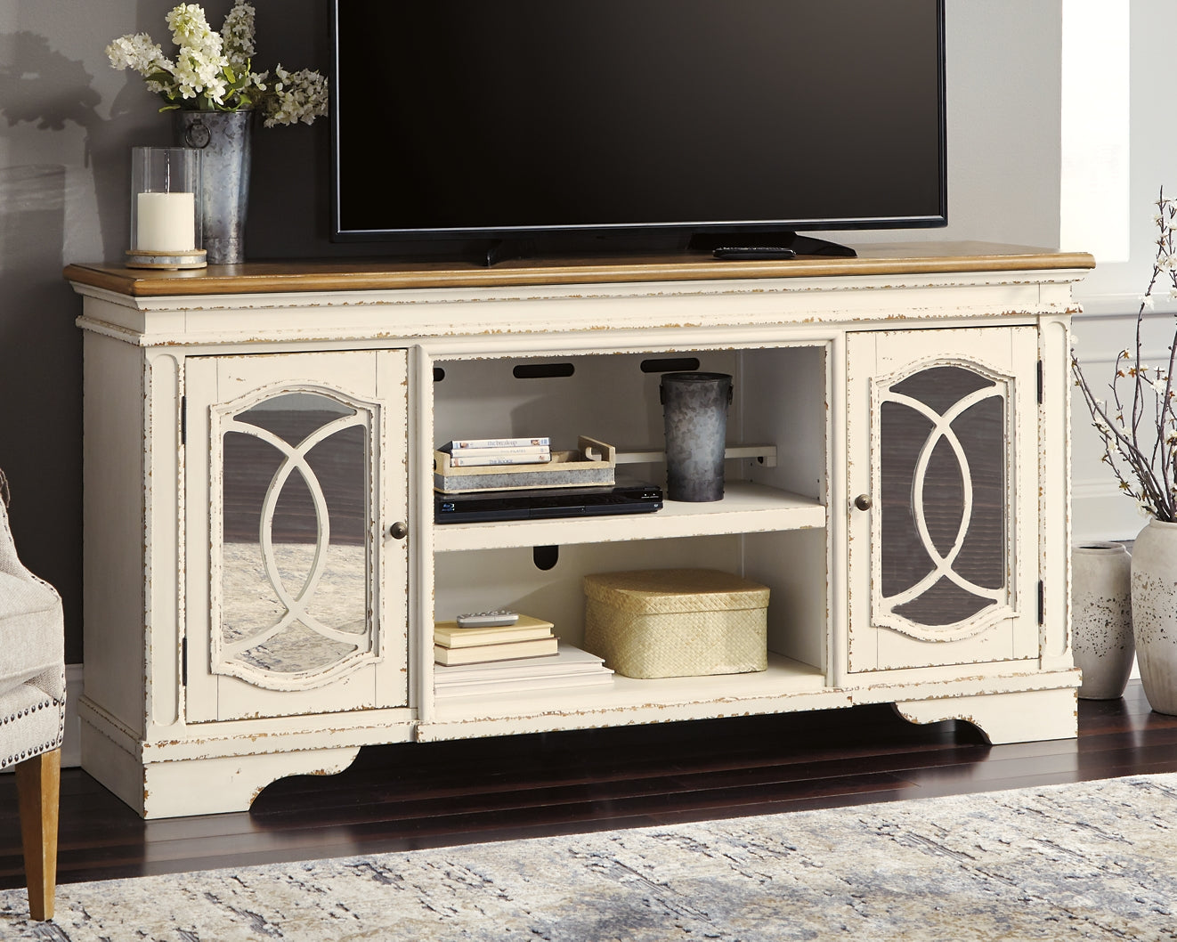 Realyn XL TV Stand w/Fireplace Option at Walker Mattress and Furniture Locations in Cedar Park and Belton TX.