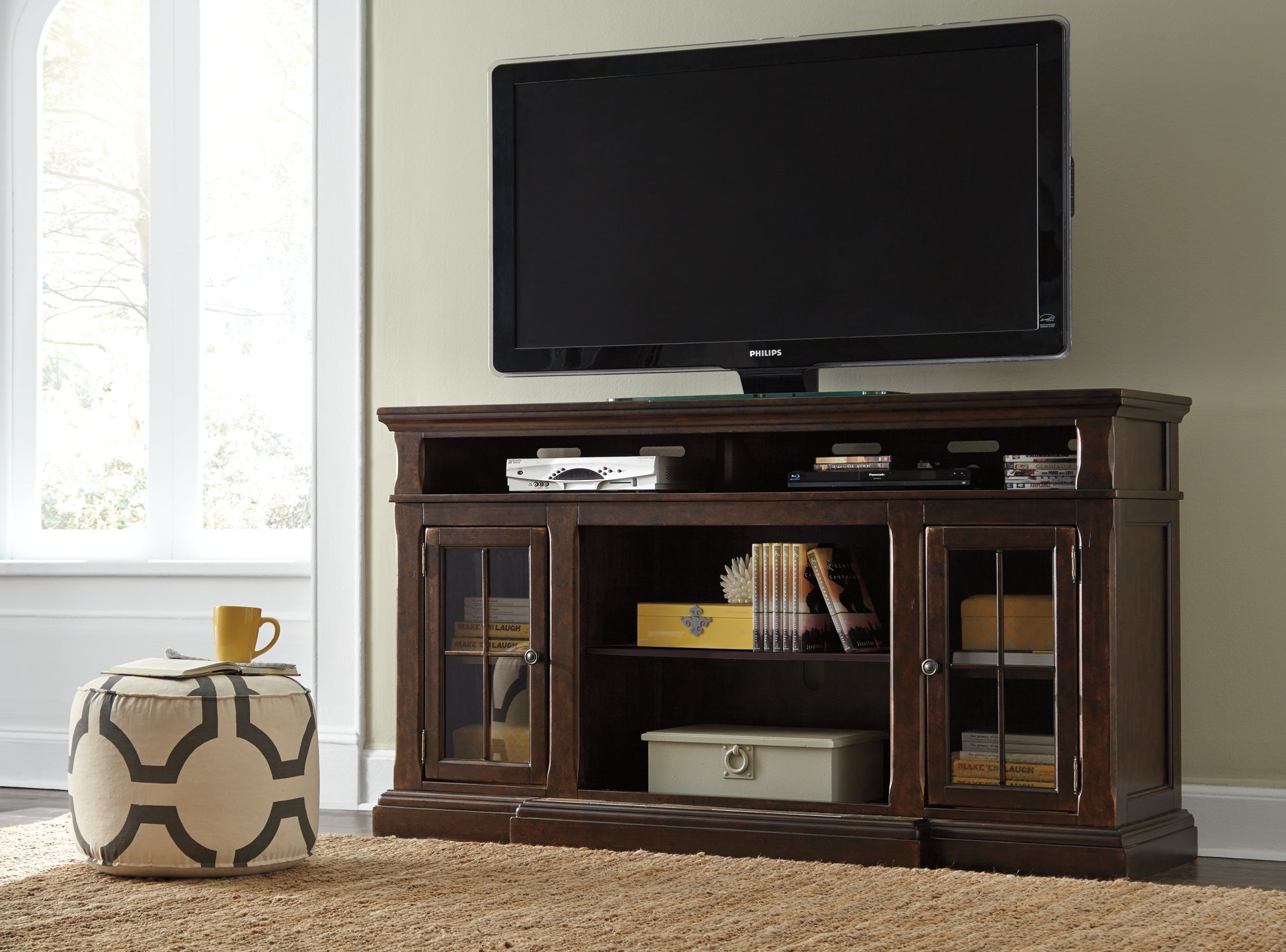 Roddinton XL TV Stand w/Fireplace Option at Walker Mattress and Furniture Locations in Cedar Park and Belton TX.