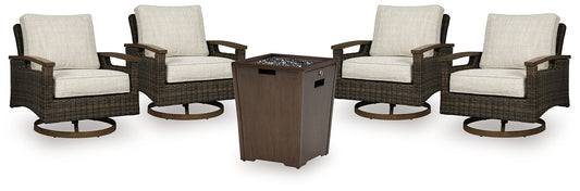 Rodeway South Outdoor Fire Pit Table and 4 Chairs at Walker Mattress and Furniture Locations in Cedar Park and Belton TX.