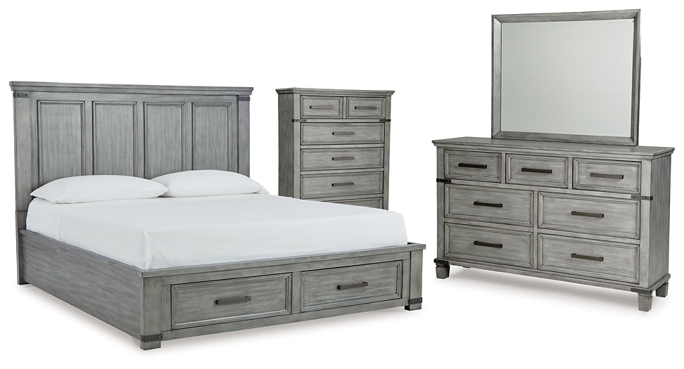 Russelyn King Storage Bed with Mirrored Dresser and Chest at Walker Mattress and Furniture Locations in Cedar Park and Belton TX.