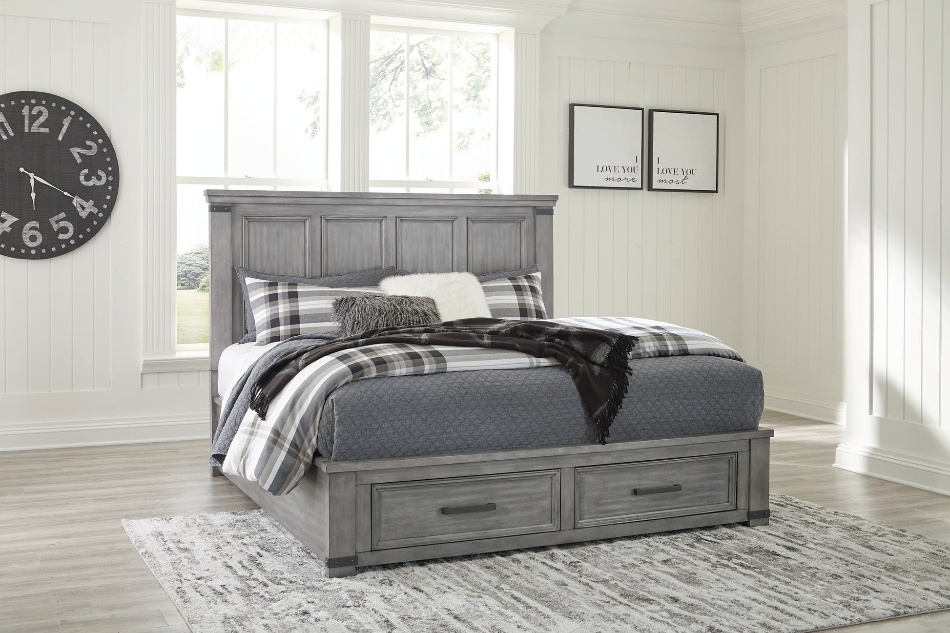 Russelyn King Storage Bed with Mirrored Dresser and Chest at Walker Mattress and Furniture Locations in Cedar Park and Belton TX.