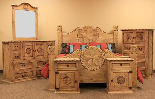 Rustic Country Honey Pine Rope and Stars Bedroom Set at Walker Mattress and Furniture Locations in Cedar Park and Belton TX.