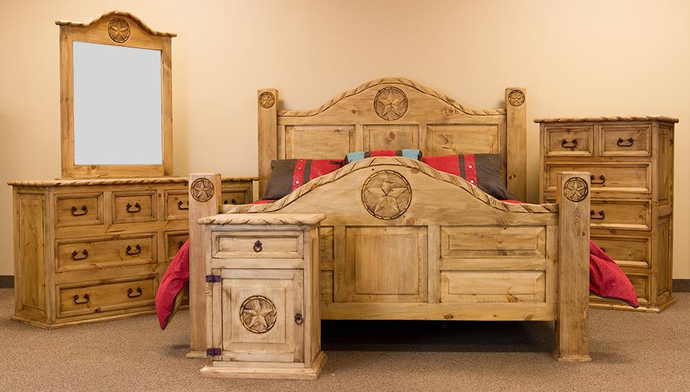 Rustic Honey Pine Rope and Stars Bedroom Set at Walker Mattress and Furniture Locations in Cedar Park and Belton TX.