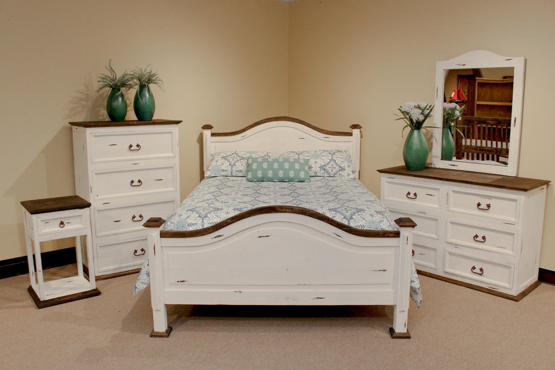 Rustic Promo White Bedroom Set at Walker Mattress and Furniture Locations in Cedar Park and Belton TX.