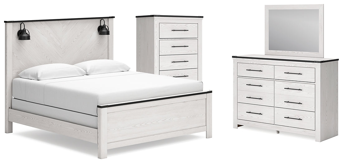 Schoenberg King Panel Bed with Mirrored Dresser and Chest at Walker Mattress and Furniture Locations in Cedar Park and Belton TX.