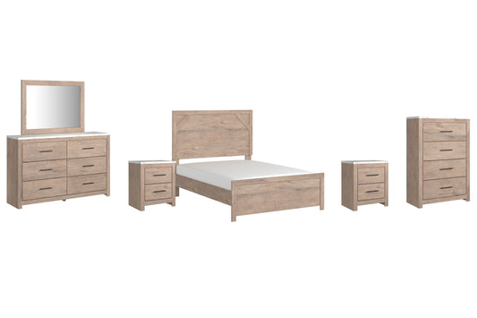 Senniberg Full Panel Bed with Mirrored Dresser, Chest and 2 Nightstands at Walker Mattress and Furniture Locations in Cedar Park and Belton TX.
