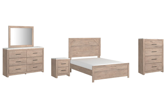 Senniberg Full Panel Bed with Mirrored Dresser, Chest and Nightstand at Walker Mattress and Furniture Locations in Cedar Park and Belton TX.