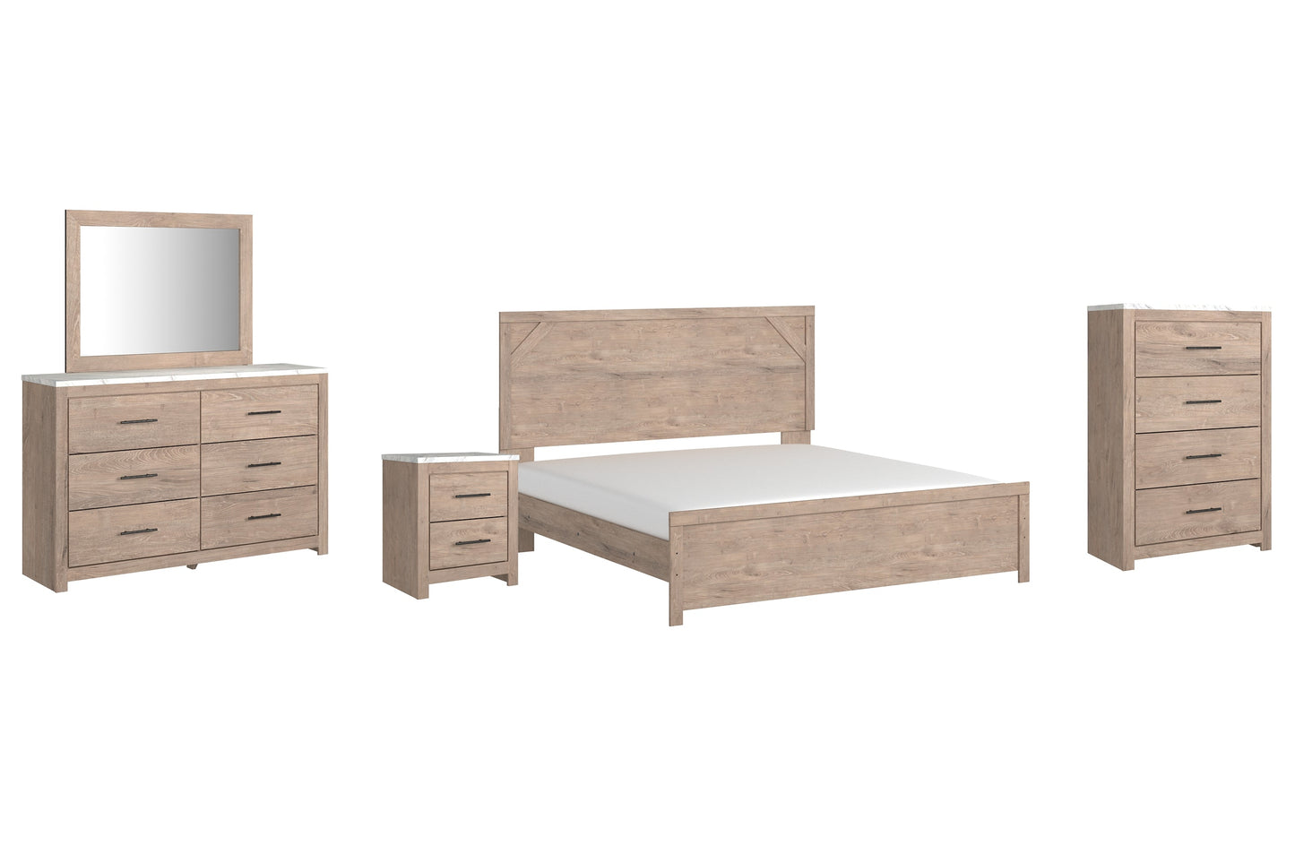 Senniberg King Panel Bed with Mirrored Dresser, Chest and Nightstand at Walker Mattress and Furniture Locations in Cedar Park and Belton TX.