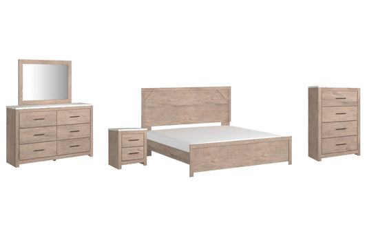 Senniberg King Panel Bed with Mirrored Dresser, Chest and Nightstand at Walker Mattress and Furniture Locations in Cedar Park and Belton TX.