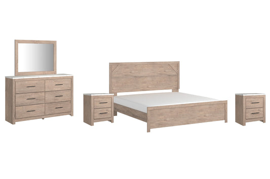 Senniberg King Panel Bed with Mirrored Dresser and 2 Nightstands at Walker Mattress and Furniture Locations in Cedar Park and Belton TX.