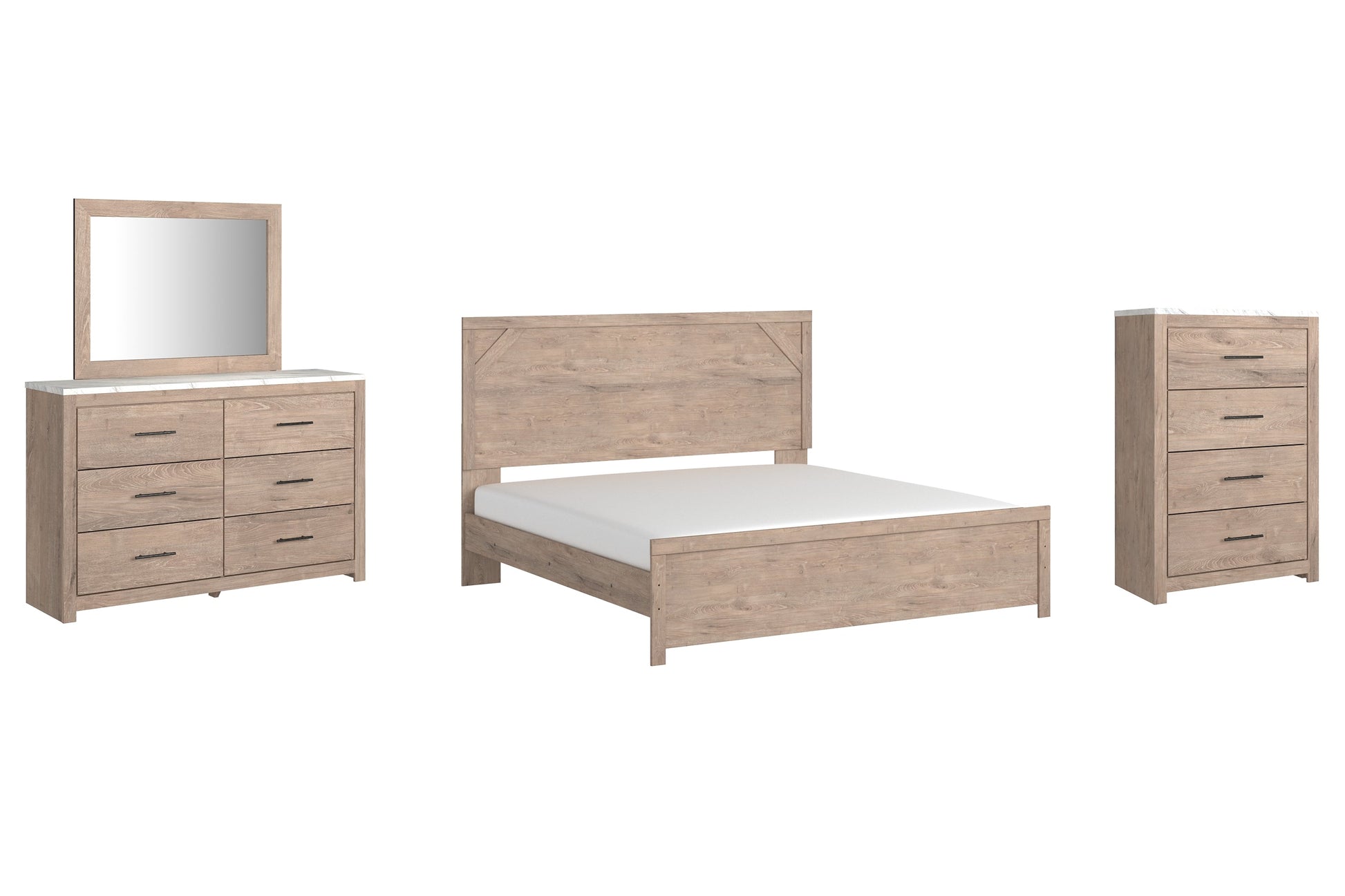 Senniberg King Panel Bed with Mirrored Dresser and Chest at Walker Mattress and Furniture Locations in Cedar Park and Belton TX.