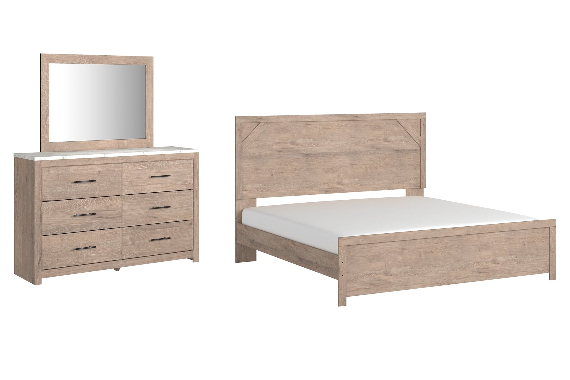 Senniberg King Panel Bed with Mirrored Dresser at Walker Mattress and Furniture Locations in Cedar Park and Belton TX.