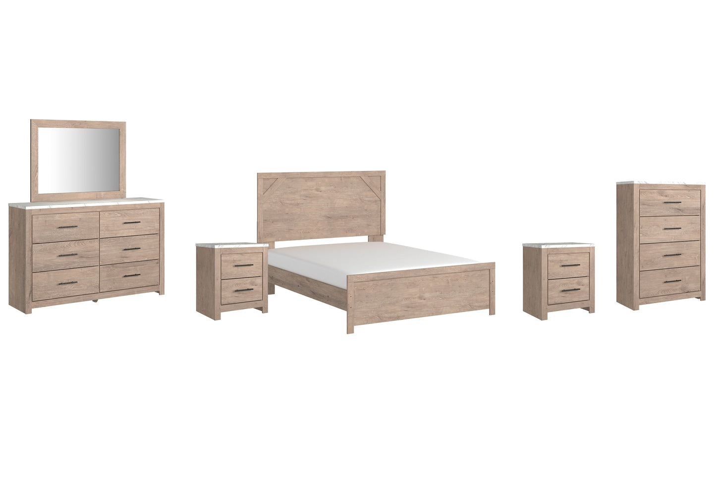 Senniberg Queen Panel Bed with Mirrored Dresser, Chest and 2 Nightstands at Walker Mattress and Furniture Locations in Cedar Park and Belton TX.