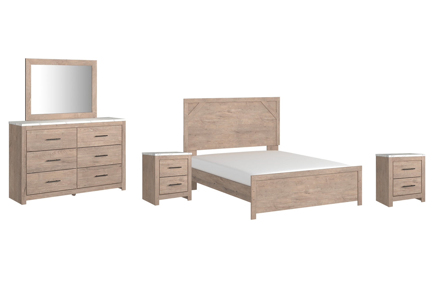 Senniberg Queen Panel Bed with Mirrored Dresser and 2 Nightstands at Walker Mattress and Furniture Locations in Cedar Park and Belton TX.