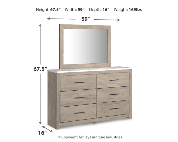 Senniberg Queen Panel Bed with Mirrored Dresser at Walker Mattress and Furniture Locations in Cedar Park and Belton TX.