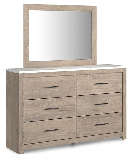Senniberg Queen Panel Bed with Mirrored Dresser at Walker Mattress and Furniture Locations in Cedar Park and Belton TX.