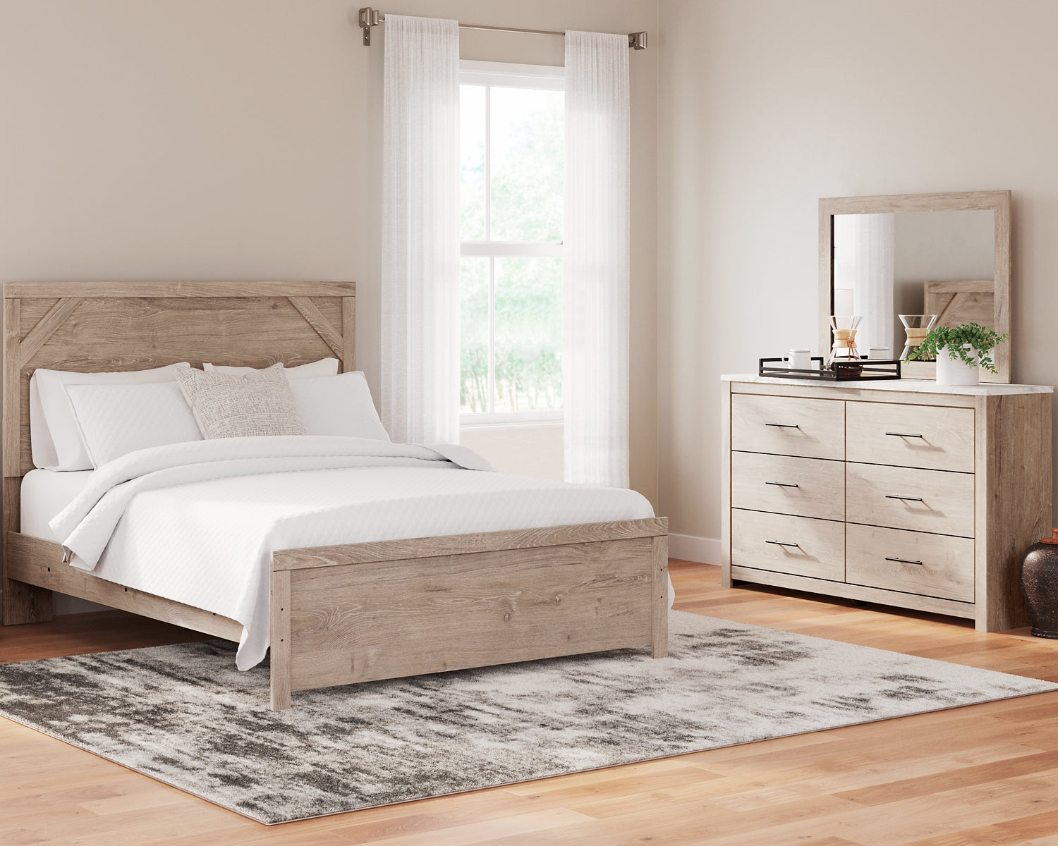 Senniberg Queen Panel Bed with Mirrored Dresser at Walker Mattress and Furniture Locations in Cedar Park and Belton TX.