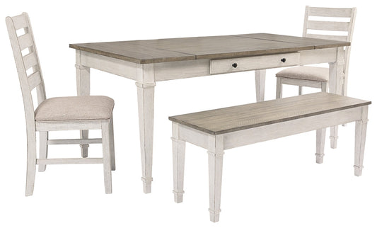 Skempton Dining Table and 2 Chairs and Bench at Walker Mattress and Furniture Locations in Cedar Park and Belton TX.