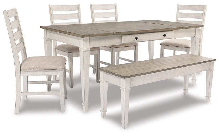 Skempton Dining Table and 4 Chairs and Bench at Walker Mattress and Furniture Locations in Cedar Park and Belton TX.