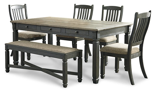 Tyler Creek Dining Table and 4 Chairs and Bench at Walker Mattress and Furniture Locations in Cedar Park and Belton TX.